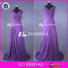 Novo Coming barato simples Long Chiffon Cap Sleeve V Neck Purple Prom Dresses 2017 For Lady